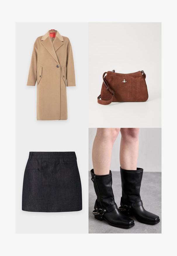 Manteau en laine beige avec un col cranté, une fermeture à bouton unique et deux poches plaquées inclinées. Texture douce, silhouette droite.; Blouse en satin blanc avec un col montant, une fente à l'avant, des manches longues et des poignets boutonnés. Texture lisse et design minimaliste.; Jupe en denim foncé avec une coupe droite, dotée de deux poches avant et d'une texture subtile. Ourlet net et design de taille standard.; Bottes noires en cuir, montant jusqu'au genou, avec un bout carré, fermeture éclair sur le côté et sangle ajustable avec un accent en chaîne métallique. Fini mat et semelle robuste.; Sac à main en daim marron avec fermeture éclair, bandoulière réglable et accents en métal argenté, affichant une surface texturée subtile.