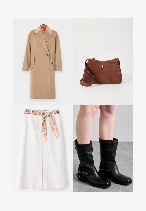 Abrigo de lana beige con cuello de solapa, cierre de un solo botón y dos bolsillos parche inclinados. Textura suave, silueta recta.; Blusa blanca de satén con cuello alto, abertura frontal, mangas largas y puños abotonados. Textura suave y diseño minimalista.; Falda midi blanca con un lazo de seda estampada en la cintura. Presenta un corte recto y una textura sutil. Sin cierres visibles.; Botas negras de cuero hasta la rodilla con punta cuadrada, cremallera lateral y correa ajustable con un detalle de cadena de metal. Acabado mate y suela resistente.; Bolso de ante marrón con cierre de cremallera, correa de hombro ajustable y acentos de hardware en plata, con una superficie texturizada sutil.