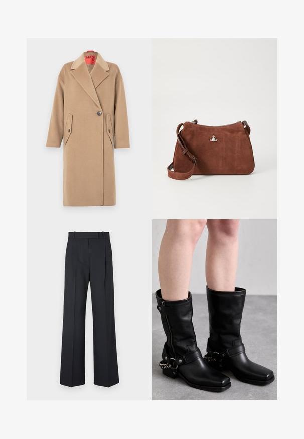 Beige villakangastakki, jossa notched-kaulus, yksittäinen nappikiinnitys ja kaksi viistosti sijoitettua paikkataskua. Pehmeä tekstuuri, suora siluetti.; Valkoinen satiinipusero, jossa on korkea kaulus, edestä halkio, pitkät hihat ja napilliset kalvosimet. Tasainen pinta ja minimalistinen muotoilu.; Tummansiniset raidalliset housut, joissa on korkea vyötärö, leveät lahkeet ja ei näkyviä metalliosia tai koristeita. Sileä pinta ja räätälöity istuvuus.; Musta nahkasaappaat polven ylle, joissa on neliön muotoinen kärki, sivuvetoketju ja säädettävä hihna, jossa on metalliketjuakcentti. Mattapinta ja tukevat pohjat.; Ruskea mokkahandbag, jossa on vetoketjula closure, säädettävä olkahihna ja hopeiset yksityiskohdat, sekä hienovarainen teksturoitu pinta.