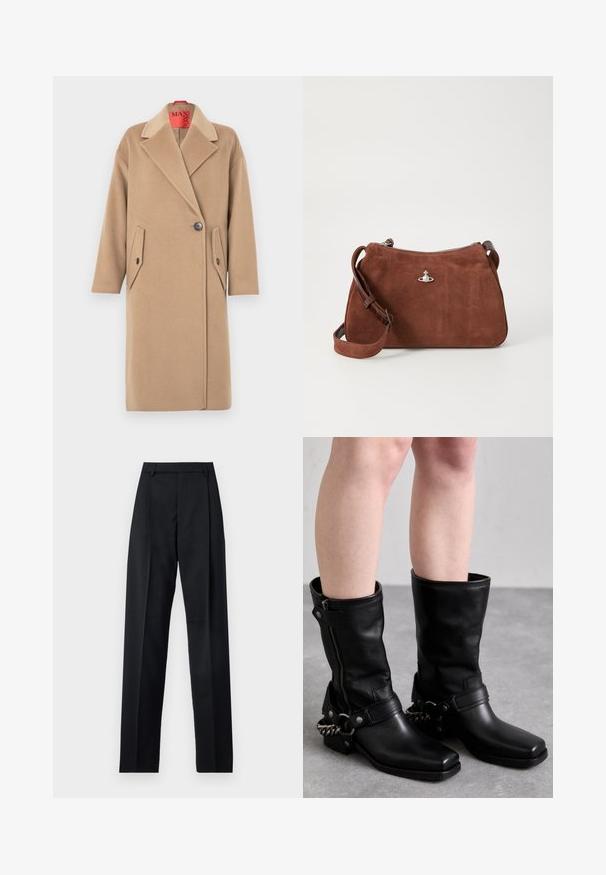 Beige wool overcoat with a notched collar, single button closure, and two angled patch pockets. Soft texture, straight silhouette.; White satin blouse with a high collar, a front slit, long sleeves, and buttoned cuffs. Smooth texture and minimalist design.; Black trousers made from smooth fabric featuring a high waist, wide legs, front pleats, and classic belt loops. No side pockets visible.; Black leather knee-high boots with a square toe, side zipper, and adjustable strap featuring a metal chain accent. Matte finish and sturdy sole.; Brown suede handbag with a zip closure, adjustable shoulder strap, and silver hardware accent, featuring a subtle textured surface.