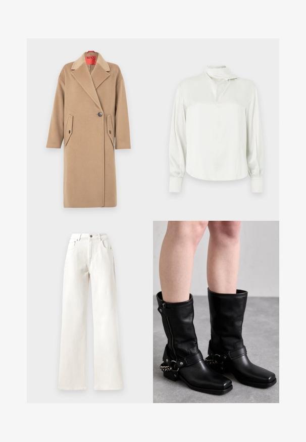 Smėlio spalvos vilnonis paltas su išpjauta apykakle, vienvietė sagų užsegimas ir dvi įstrižos lopinės kišenės. Švelni tekstūra, tiesi siluetas.; Balta satino palaidinė su aukštu apykakliu, priekyje skeltuku, ilgomis rankovėmis ir užsegamais rankogaliais. Lygus tekstūra ir minimalistinis dizainas.; Balti plačios kojinės kelnės iš džinsinio audinio, turinčios mygtuko uždarymą, dirželių kilpas ir penkių kišenių dizainą. Lygus paviršius su matomu siuvimu.; Juodos odinės iki kelių siekiančios bootai su kvadratiniu pirštu, šoniniu užtrauktuku ir reguliuojama juosta, kuri turi metalinę grandinėlę. Matinis paviršius ir tvirta padas.