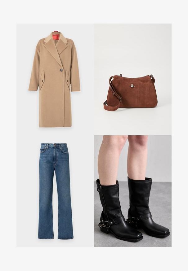 Beige wool overcoat with a notched collar, single button closure, and two angled patch pockets. Soft texture, straight silhouette.; White satin blouse with a high collar, a front slit, long sleeves, and buttoned cuffs. Smooth texture and minimalist design.; Light blue, wide-leg jeans made of denim. Features a high waist, five-pocket design, and contrast stitching throughout. Classic button closure.; Black leather knee-high boots with a square toe, side zipper, and adjustable strap featuring a metal chain accent. Matte finish and sturdy sole.; Brown suede handbag with a zip closure, adjustable shoulder strap, and silver hardware accent, featuring a subtle textured surface.