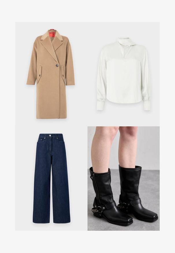 Beežvillane mantel sisselõigatud krae, ühe nupuga kinnituse ja kahe nurga all asuva taskuga. Pehme tekstuur, sirge siluett.; Valge satiinist pluus kõrge krae, ees lõhiku, pikad varrukad ja nööpidega mansetid. Sile tekstuur ja minimalistlik disain.; Kõrgvöökohaga, tumesinised laiad teksad, millel on nööpide sulgemine, eestaskud ja vöökohahoidjad valgel taustal.; Mustad mustad kõrge teksad mustast nahast ruudukujulise varbaga, külgrihmaga ja reguleeritava rihmaga, millel on metallketi aksent. Mati viimistlus ja tugev tald.