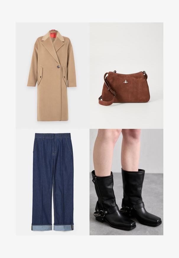 Manteau en laine beige avec un col cranté, une fermeture à bouton unique et deux poches plaquées inclinées. Texture douce, silhouette droite.; Blouse en satin blanc avec un col montant, une fente à l'avant, des manches longues et des poignets boutonnés. Texture lisse et design minimaliste.; Pantalons en denim bleu foncé à coupe droite, avec cinq poches et des poignets retroussés ornés de surpiqûres contrastées bleu clair.; Bottes noires en cuir, montant jusqu'au genou, avec un bout carré, fermeture éclair sur le côté et sangle ajustable avec un accent en chaîne métallique. Fini mat et semelle robuste.; Sac à main en daim marron avec fermeture éclair, bandoulière réglable et accents en métal argenté, affichant une surface texturée subtile.