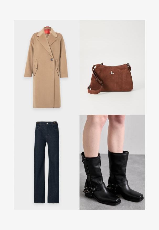 Beige wool overcoat with a notched collar, single button closure, and two angled patch pockets. Soft texture, straight silhouette.; White satin blouse with a high collar, a front slit, long sleeves, and buttoned cuffs. Smooth texture and minimalist design.; Dark blue denim trousers with a straight fit, featuring a button closure, belt loops, and contrasting stitching. Classic five-pocket design.; Black leather knee-high boots with a square toe, side zipper, and adjustable strap featuring a metal chain accent. Matte finish and sturdy sole.; Brown suede handbag with a zip closure, adjustable shoulder strap, and silver hardware accent, featuring a subtle textured surface.