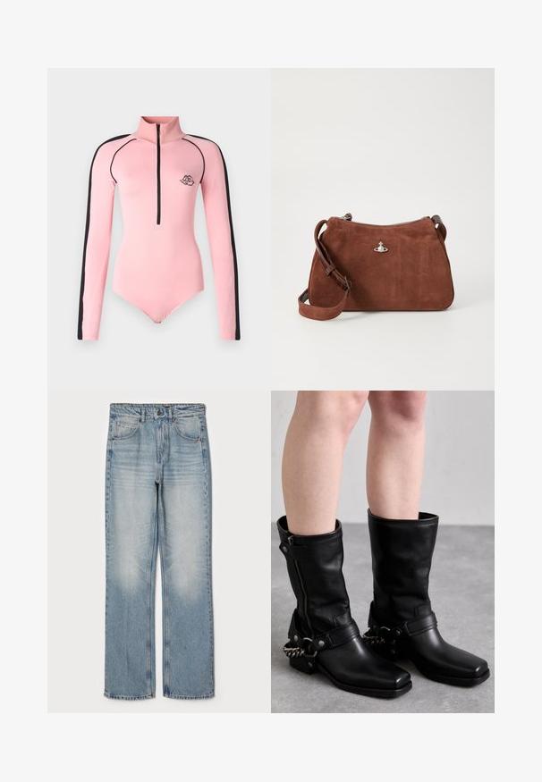 Bézs gyapjú kabát hajtókás gallérral, egysoros gombolással és két ferdén elhelyezett rávarrt zsebbel. Puha textúra, egyenes szabás.; Hosszú ujjú rózsaszín bodysuit magas gallérral, fekete oldalsó díszítéssel és középső cipzárral. Hímzett logóval a mellkasán.; Világoskék farmernadrág, egyenes szabású, magas derékkal, öt zsebes kialakítással, finom kopással a combokon és a térdeken.; Fekete bőr, térd fölé érő csizmák, négyzet alakú orral, oldalsó cipzárral és állítható pánttal, melyen fém lánc díszítés található. Matt felület és tartós talp jellemzi.; Barna velúr kézi táska cipzáras záródással, állítható vállpánttal és ezüstösen csillogó kiegészítőkkel, diszkrét texturált felülettel.