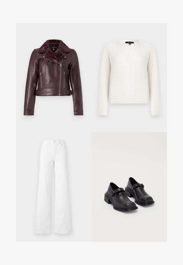 Bordo kožna motoristička jakna s krznom od umjetnog krzna, srebrnim patentnim zatvaračima, prilagođenim dizajnom i pojasom na struku.; Bijela pletiva s uzorkom, dugih rukava, okruglog izreza, s ukrasnim bisernim detaljem na ovratniku. Mekana tekstura i prilagođeni dizajn.; Bijele traperice širokog kroja s visokim strukom, s prednjim džepovima, petljama za remen i kopčanjem na gumb. Glatka tekstura, bez uzoraka.; Crne kožne cipele s okruglim vrhom, ravnim đonom i remenom s detaljem kopče. Debeli blok peti za dodatnu stabilnost.