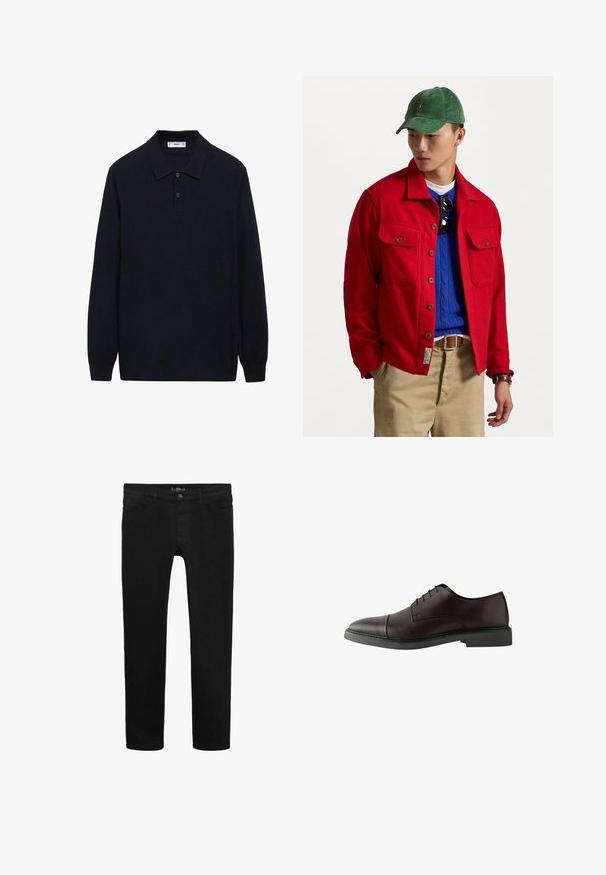Červená bunda na gombíky s dvoma vreckami na hrudi, vrchná vrstva nad modrým sveterom s pleteným vzorom, v kombinácii s hnedými nohavicami a zelenou kordovou čiapkou.; Námornícky polokošeľový dlhý rukáv vyrobený z textúrovaného materiálu. Obsahuje klasický golier s dvoma gombíkmi a rovný lem. Jednoduchý dizajn.; Čierne denimové džínsy so štíhlym strihom, vybavené predným zapínaním na gombík, piatimi vreckami a hladkou textúrou po celom povrchu.; Tmavo vínové kožené šnurovacie topánky s okrúhlou špičkou, plochou čiernou podrážkou, minimálnym prešívaním a hladkým povrchom.