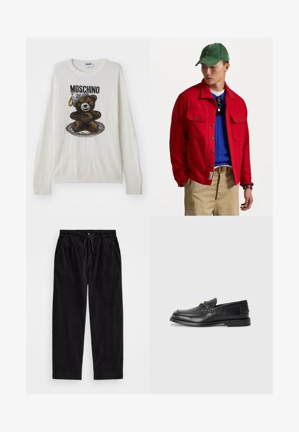 Rdeča jakna s kratkimi rokavi in dvema žepoma na prsih, preplastena preko modrega puloverja z vzorcem pletenja, oblečena z bež hlačami in zelenim žametnim klobukom.; Bela pletena majica z grafiko medveda, ki nosi klobuk in krožnik, s črnimi in rjavimi podrobnostmi ter rebrastimi manšeti in robom. Oznaka Moschino je vidna.; Črne kord pants z udobnim krojem, ki imajo elastičen pas z vrvico in stranske žepke. Tkanina prikazuje rebrasto teksturo.; Črne usnjene loafersice imajo zaokrožen nosek, šivano detajliranje in majhen zlat akcent na sprednji strani. Podplat je raven in diskreten.