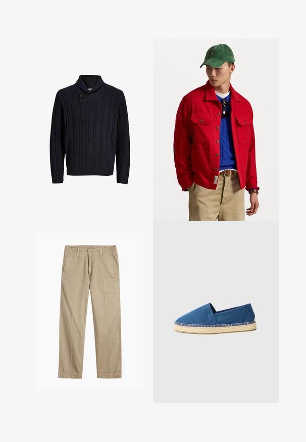 Raudona mygtukinė striukė su dviem krūtinės kišenėmis, dėvima ant mėlyno pynimo megztinio, su smėlio spalvos kelnėmis ir žalia velveto kepure.; Tamsiai mėlynas megztinis su šalinio apykakle, su tekstūruotu kabelių raštu, vieno mygtuko užsegimu ir gumbuotais rankovių bei apatinio krašto elementais.; Bežiniai tiesaus kirpimo chinos kelnės su diržo kilputėmis, priekyje esančia mygtuko ir užtrauktuko uždarymo sistema, bei šoninėmis kišenėmis.; Mėlynos drobės espadrilės su uždara nosimi, jutinė išorė ir siuvinėta apdaila. Lygi audinio tekstūra ir žemas dizainas.