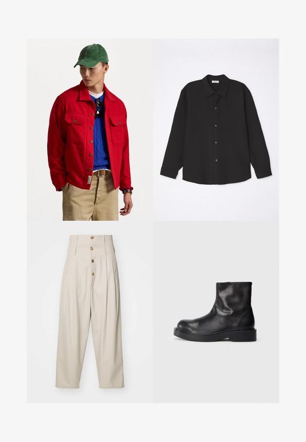 Červená bunda na gombíky s dvoma vreckami na hrudi, vrchná vrstva nad modrým sveterom s pleteným vzorom, v kombinácii s hnedými nohavicami a zelenou kordovou čiapkou.; sandro JOKER - Košeľa - noir; Béžové nohavice s vysokým pásom a rovný strih, so štyrmi prednými gombíkmi, skladmi a bočnými vreckami. Hladká textúra tkaniny.; Čierne kožené členkové topánky s guľatou špičkou, hladkou textúrou a masívnou čiernou gumovou podrážkou. Minimalistický dizajn bez viditeľného hardvéru.