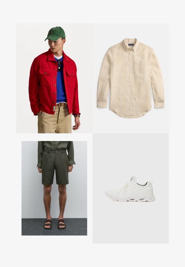 Rote Jacke mit Knöpfen und zwei Brusttaschen, über einen blauen, kabelgestrickten Pullover getragen, kombiniert mit beigen Hosen und einer grünen Cordmütze.; Beige, langärmeliges Hemd mit Knöpfen, weißen vertikalen Streifen, Knopfleiste am Kragen, Brusttasche und "Polo Ralph Lauren"-Etikett im Kragen.; Olivgrüne Leinen Shorts mit elastischem Bund und Knopfverschluss. Getragen mit dunkelbraunen Sandalen. Hintergrund ist einfach und neutral.; Weiße Sportschuhe mit einem strukturierten Strickobermaterial, flachen Schnürsenkeln und einer gepolsterten Sohle mit sichtbaren Luftkammern für zusätzlichen Halt.