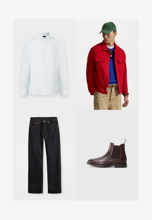 Punane nööpidega jakk kahe rinna taskuga, kantud sinise kootud sviitriga, peal tan värvi pükste ja rohelise sametist mütsiga.; Meeste nööpidega särk helesinisest kangast, millel on valged vertikaalsed triibud, klassikaline krae, pikad varrukad ja diskreetne logo rinna peal.; Meeste sirge jala mustad denim teksad viie taskuga, oranž õmblus, nupu ja tõmblukuga ees nagu vöökoht.; Pruunist nahast Chelsea saabas elastsete külgpaneelidega, ümarate varvastega, tõmbeelemendi ja madala kihilise kontsaga. Sile tekstuur, millel on minimaalne õmbluste aktsent.