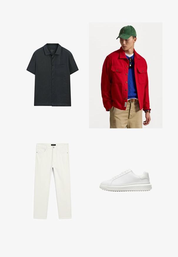 Giacca rossa con bottoni e due tasche sul petto, indossata sopra un maglione blu a trecce, abbinata a pantaloni beige e un berretto in velluto a coste verde.; Camicia a maniche corte con bottoni in tessuto grigio scuro, con colletto semplice, taschino singolo e una consistenza liscia.; Jeans di colore chiaro, a gamba dritta, esposti in piano, con tasche frontali, una vita con bottone e un'etichetta del marchio all'interno.; Sneaker bianco con una tomaia sintetica liscia, punta rotonda, lacci piatti, suola testurizzata e un design a piattaforma stratificata per un'altezza extra.