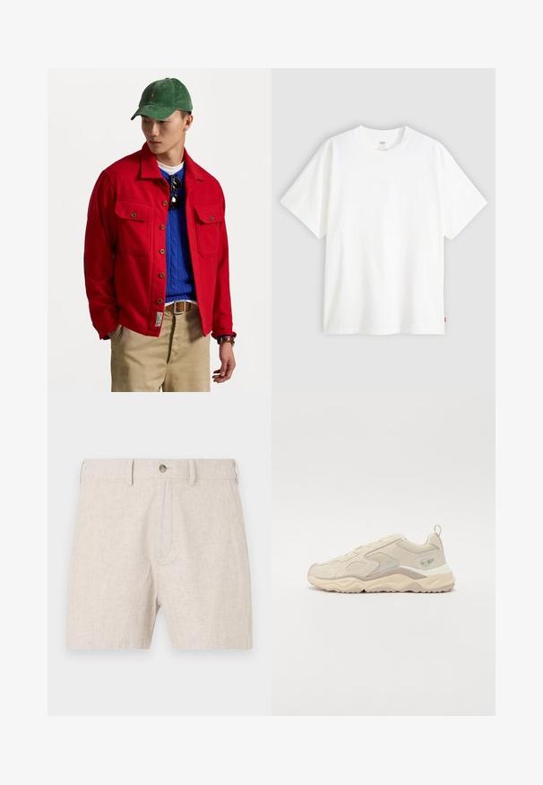 Rote Jacke mit Knöpfen und zwei Brusttaschen, über einen blauen, kabelgestrickten Pullover getragen, kombiniert mit beigen Hosen und einer grünen Cordmütze.; Weißes T-Shirt mit kurzen Ärmeln aus Baumwolle und rundem Halsausschnitt. Besitzt ein dezentes, geprägtes Logo-Detail auf der Vorderseite und ein rotes Etikett am Saum.; Leinen-Shorts in hellem Beige, mit Knopfverschluss und klassischem Schnitt sowie dezenter Struktur. Keine Taschen im Design sichtbar.; Beige Stoff-Sneaker mit Mesh-Akzenten, strukturierten Überzügen und einer klobigen Sohle. Verfügt über einen hinteren Zugstrip und hellgraue Details.