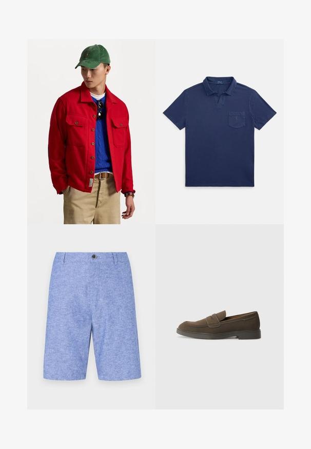 Punane nööpidega jakk kahe rinna taskuga, kantud sinise kootud sviitriga, peal tan värvi pükste ja rohelise sametist mütsiga.; Tumesinise värviga puuvillane polosärk, millel on kokkupandav krae, lühikesed varrukad ja rinnatasku väikese logoga.; Heledad sinised lühikesed püksid tekstuurse materjaliga, millel on ees nuppude sulgemine ja küljetaskud, sirge lõikega ja põlvepikkuse kujundusega.; Pruunist sametist mokassiini ümarate varvastega, rihmaga vampi üle ja lame kummist tald. Lihtne disain puhta joontega ja minimaalsete detailidega.