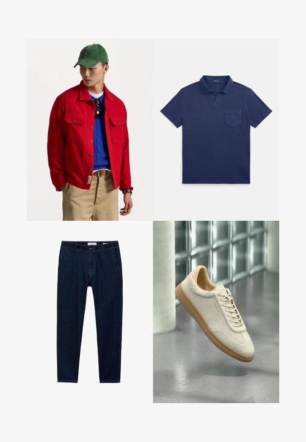 Red button-up jacket with two chest pockets, layered over a blue cable-knit sweater, worn with tan pants and a green corduroy cap.; Navy blue polo shirt made of cotton, featuring a folded collar, short sleeves, and a chest pocket with a small logo detail.; Dark blue denim trousers with a straight fit. Features include five pockets, belt loops, and a zip fly with button closure.; Beige suede sneaker with textured gum rubber sole. Features flat laces, a rounded toe, and subtle branding on the side. Lightly padded collar.