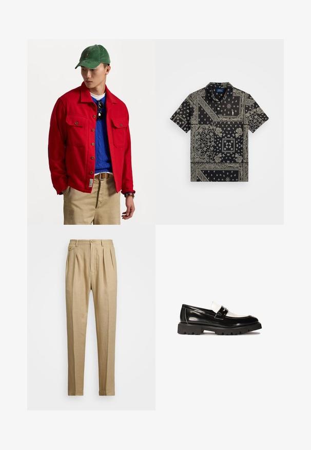Raudona mygtukinė striukė su dviem krūtinės kišenėmis, dėvima ant mėlyno pynimo megztinio, su smėlio spalvos kelnėmis ir žalia velveto kepure.; Juodas trumpas rankovėmis marškinėliai su bandanos raštu, kuriose yra baltų sudėtingų motyvų ir mažo siuvinėjimo logotipo krūtinėje. Klasikinio kolorito dizainas.; Bežinės lininės kelnės tiesaus kirpimo, turinčios dvi priekinės klostes, sagų užsegimą ir šonines kišenes. Tekstūruotas audinys su lygiu paviršiumi.; Juodos patentuotos odinės loafers su balta odine akcentais, storas juodas guminis padas ir siuvinėta detalizė. Lygus paviršius su blizgiu apdailos.