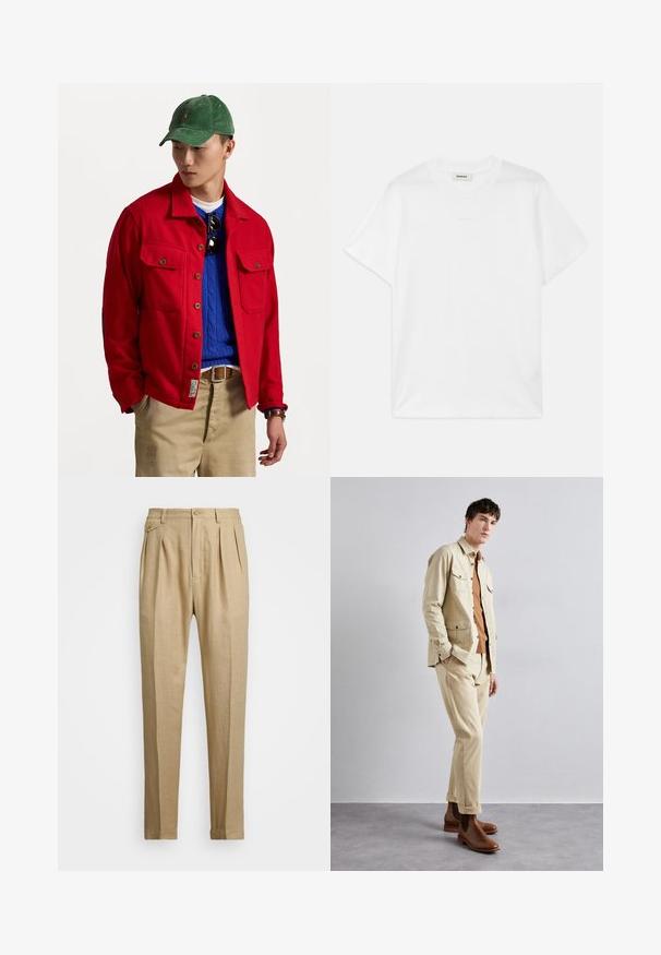 Piros gombos dzseki, két mellzsebbel, egy kék kötött pulóverre rétegezve, bézsszínű nadrággal és zöld kordbársony sapkával viselve.; Fehér pamut póló, kerek nyakkal, rövid ujjakkal és diszkrét logóval az elején. Simma textúrájú és egyszerű dizájnú.; Beige vászon nadrág egyenes szabással, két első redővel, gombos záródással és oldalzsebekkel. Tömör textúrájú anyag sima felülettel.; Beige pamut dzseki két mellzsebbel egy barna ing felett, és hozzáillő bézs nadrággal. Barna bőr bokacsizmák teszik teljessé az öltözéket.