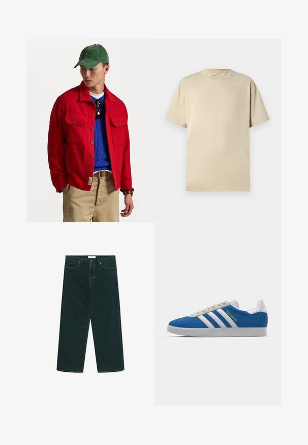 Sarkans jaku ar pogām, ar divām krūšu kabatām, virs zilā adītā džemperis, valkāts ar brūnām biksēm un zaļu kordura cepuri.; Bežs kokvilnas t-krekls ar apaļu izgriezumu, īsām piedurknēm un brīvu piegriezumu. Gluda tekstūra bez redzamām rakstām vai akcentiem.; Tumši zaļi platās kājas denimi džinsi ar pogu un rāvējslēdzēja aizdari, priekšējām kabatām un siksnu cilpām, izklāti uz baltas fona.; adidas Originals ADIDAS GAZELLE SHOES - Futbola apavi iekštelpām - real madrid/bluebird/footwear white/crew yellow