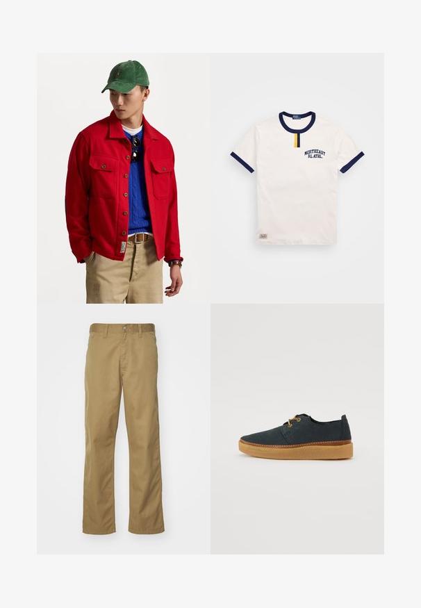 Czerwona kurtka zapinana na guziki z dwiema kieszeniami na piersi, noszona na niebieskim swetrze w warkocze, w zestawieniu z beżowymi spodniami i zieloną czapką z korduroy.; Biała bawełniana koszulka z granatowym okrągłym dekoltem i akcentami na rękawach. Posiada mały żółty guzik oraz haftowane napisy "NORTHEAST RL ATHL."; Khaki chinos o prostym kroju, wykonane z gładkiej bawełny. Posiadają zapięcie na guzik z przodu oraz kieszenie boczne.; Ciemnoniebieskie płócienne buty z okrągłym noskiem, brązową gumową podeszwą, widocznym szwem i ozdobnymi sznurowadłami. Gładka tekstura i prosty design.