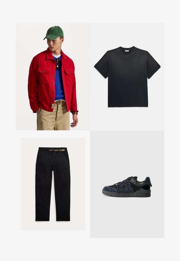 Jachetă roșie cu nasturi, cu două buzunare pe piept, purtată peste un pulover albastru din tricot cu fir răsucit, asortată cu pantaloni bej și o pălărie verde din catifea cord.; Tricou negru din bumbac, cu guler rotund și mâneci scurte. Prezintă o croială lejeră, o textură fină și un design minimalist.; Pantaloni negri dintr-un material ușor, cu un talie elastică și o curea verde integrată, croi drept și buzunare laterale.; Tenisii negri și bleumarin sunt confecționați din materiale din piele întoarsă și plasă, având o talpă groasă și un detaliu proeminent în formă de "M" pe lateral.