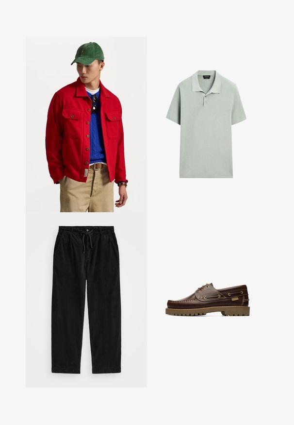 Czerwona kurtka zapinana na guziki z dwiema kieszeniami na piersi, noszona na niebieskim swetrze w warkocze, w zestawieniu z beżowymi spodniami i zieloną czapką z korduroy.; Koszulka polo w jasnym zielonym kolorze, krótki rękaw, miękka tekstura materiału, kołnierzyk z trzema guzikami, minimalistyczny design, bez widocznych wzorów.; Czarne spodnie z corduroy o luźnym kroju, z elastycznym pasem na sznurku i bocznymi kieszeniami. Tkanina ma prążkowaną teksturę.; Brązowe skórzane buty żeglarskie na sznurówki z haftowanymi detalami i grubą gumową podeszwą, widziane z boku.