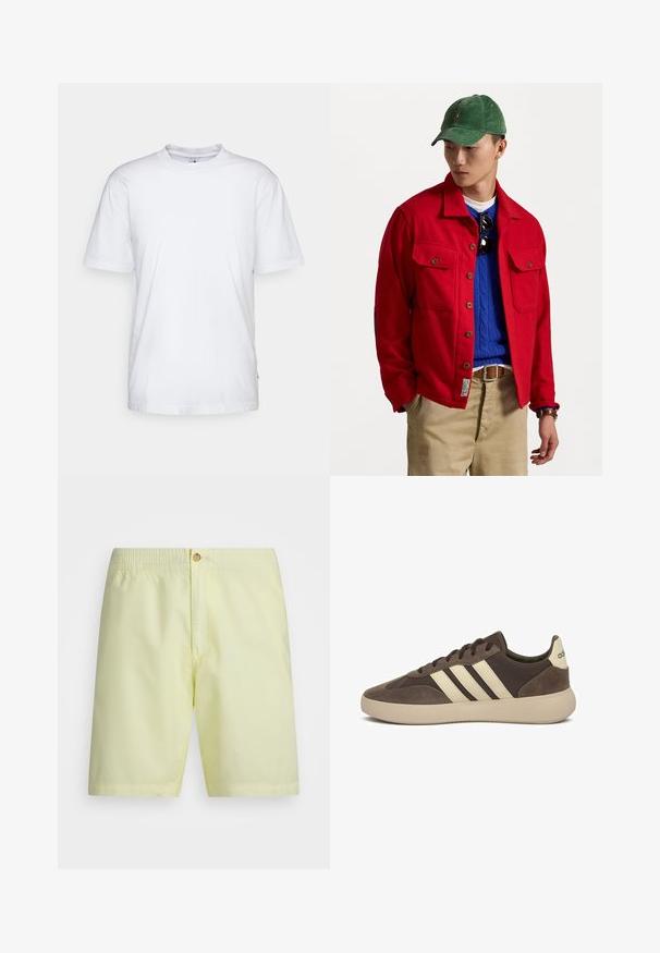Rote Jacke mit Knöpfen und zwei Brusttaschen, über einen blauen, kabelgestrickten Pullover getragen, kombiniert mit beigen Hosen und einer grünen Cordmütze.; Weißes Baumwoll-T-Shirt mit Rundhalsausschnitt, kurzen Ärmeln und geradem Saum. Auf der linken Seitennaht befindet sich ein kleines Markenzeichen.; Hellgelbe Badeshorts mit elastischem Bund, einer vorderen Knopfleiste und einer glatten Stoffoberfläche. Einfaches Design ohne Muster.; Brauner Wildledersneaker mit drei weißen Streifen, abgerundetem Zehenbereich, dicker Gummisohle und minimaler Markenkennzeichnung an der Ferse.