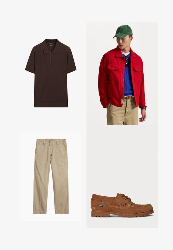 Czerwona kurtka zapinana na guziki z dwiema kieszeniami na piersi, noszona na niebieskim swetrze w warkocze, w zestawieniu z beżowymi spodniami i zieloną czapką z korduroy.; Brązowa koszulka polo z krótkim rękawem, wykonana z gładkiego materiału, z płaskim kołnierzykiem i ćwierć zamkiem błyskawicznym przy szyi.; Beżowe chinosy o prostym kroju z pętlami na pasek, przednim zapięciem na guzik i zamek błyskawiczny oraz skośnymi kieszeniami z przodu.; Brązowe zamszowe buty żeglarskie z sznurówką z przodu, szwami mokasynowymi, gumową podeszwą i metką "Polo" z boku.