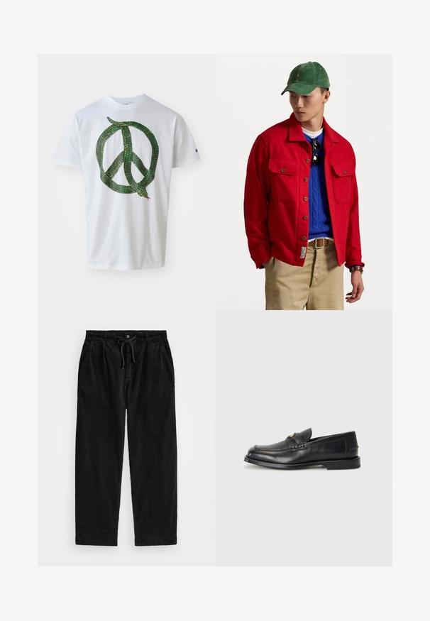 Sarkans jaku ar pogām, ar divām krūšu kabatām, virs zilā adītā džemperis, valkāts ar brūnām biksēm un zaļu kordura cepuri.; Baltā kokvilnas T-kreklā ir priekšpusē zaļā čūska, kas veido miera simbolu. Īsas piedurknes un apaļš kakla izgriezums.; Melnas korduroja bikses ar brīvu piegriezumu, ar elastīgu jostu un auklu, kā arī sānu kabatām. Audumam ir ribota tekstūra.; Melnā ādas mokasīni ir ar noapaļotu purngalu, šūšanas detaļām un nelielu zelta akcentu priekšpusē. Zole ir plaka un diskrēta.