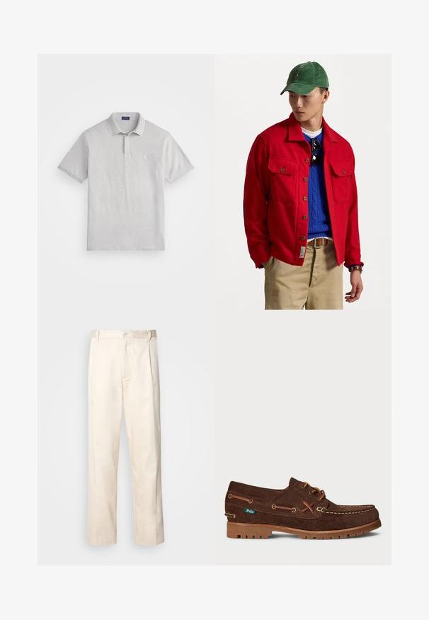 Sarkans jaku ar pogām, ar divām krūšu kabatām, virs zilā adītā džemperis, valkāts ar brūnām biksēm un zaļu kordura cepuri.; Gai pelēks polo krekls, izgatavots no teksturētas kokvilnas, ar klasisku apkakli, divu pogu aizdari un mazu izšūtu logotipu uz krūtīm.; Bežā krāsā auduma bikses ar taisnu kāju griezumu, pievienotām pogu aizdares un priekšējiem krokām papildu detaļām.; Browna zamšādā ādas laivu kurpe ar brūnganiem šņorējumiem, kontrastējošu diegu šuvēm, gumijas zoli un nelielu zaļu Polo zīmola etiķeti sānos.
