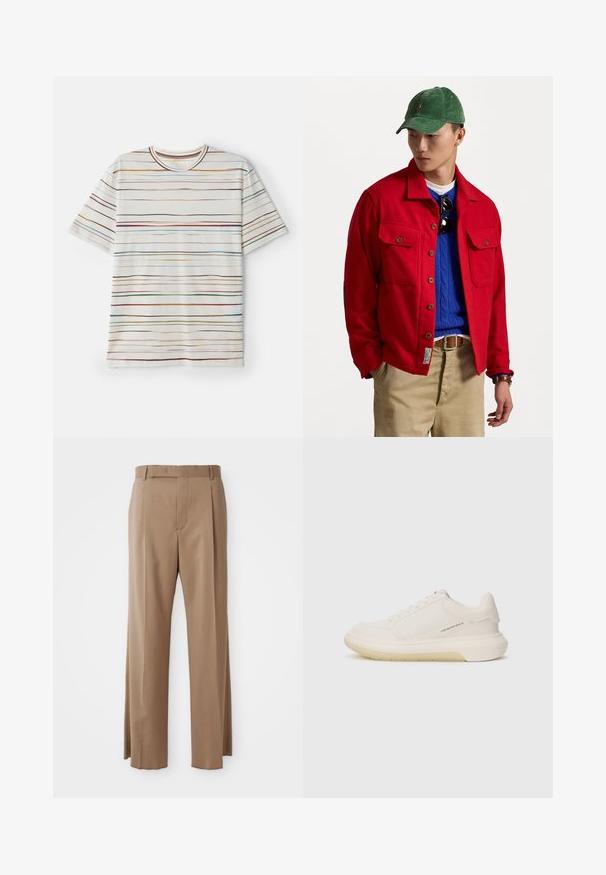 Chaqueta roja de botones con dos bolsillos en el pecho, sobre un suéter azul de punto trenzado, combinada con pantalones beige y una boina verde de pana.; Camiseta de manga corta, base crema con rayas horizontales multicolores. Tejido suave, cuello redondo, corte recto, diseño minimalista.; Pantalones de corte recto en marrón claro con perneras rectas, lazos para cinturón, costura frontal y cierre oculto, exhibidos en plano sobre un fondo blanco.; Zapatillas blancas con parte superior de cuero suave, puntera redondeada y suela de goma gruesa. Presentan costuras mínimas y un sutil detalle del logo en el costado.