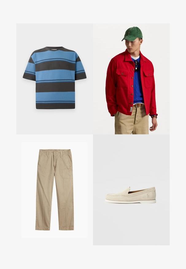 Κόκκινο σακάκι με κουμπιά, με δύο τσέπες στο στήθος, στρωμένο πάνω από μπλε πουλόβερ με κασμά, φορεμένο με καφέ παντελόνι και πράσινο καπέλο από κορντούρα.; Μπλούζα κοντομάνικη από βαμβάκι με οριζόντιες ρίγες σε αποχρώσεις του μπλε και σκούρου γκρι. Διαθέτει στρογγυλή λαιμόκοψη και άνετη εφαρμογή.; Μπεζ chinos με ίσια γραμμή, βρόχους ζωνάκι, κλείσιμο με κουμπί και φερμουάρ μπροστά, και πλευρικές τσέπες.; Polo Ralph Lauren MERTON VENETIAN LOAFER - Μοκασίνια - milkshake