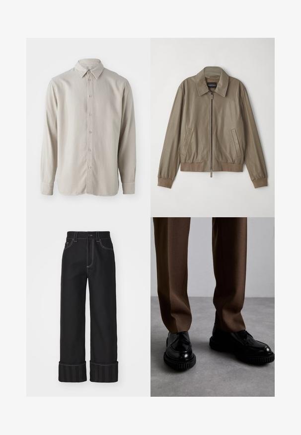 Brūna ādas bomber jaka ar rāvējslēdzēju priekšā, divām sānu kabatām, ribota aproce un apakšmala, kā arī klasiskā apkakle. Gluda, eleganta tekstūra.; Beige garšām piedurknēm krekls, izgatavots no mīksta auduma, ar pogu aizdari priekšpusē, klasisku apkakli un aprocēm ar noapaļotiem maliņām.; Melni plataji džinsi ar kontrastējošiem baltajiem dūriem, piecu kabatu dizainu un svītrainiem piedurkņu galiem. Materiāls izskatās izturīgs ar gludu tekstūru.; Melnas ādas kurpes ar rievotām melnām zolitēm, kombinētas ar brūnām, piegriezuma biksēm no gludas, teksturētas auduma.