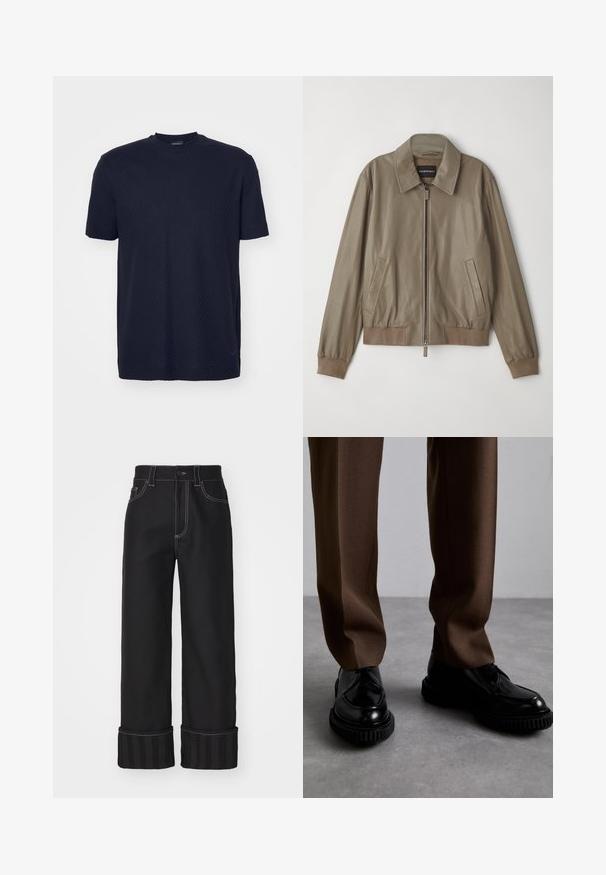 Brūna ādas bomber jaka ar rāvējslēdzēju priekšā, divām sānu kabatām, ribota aproce un apakšmala, kā arī klasiskā apkakle. Gluda, eleganta tekstūra.; Tumši zila īsām piedurknēm T-kreklu, kas izgatavots no strukturētas auduma, ar apaļu apkakli un smalkiem rakstu akcentiem, ar mazu logotipa elementu.; Melni plataji džinsi ar kontrastējošiem baltajiem dūriem, piecu kabatu dizainu un svītrainiem piedurkņu galiem. Materiāls izskatās izturīgs ar gludu tekstūru.; Melnas ādas kurpes ar rievotām melnām zolitēm, kombinētas ar brūnām, piegriezuma biksēm no gludas, teksturētas auduma.
