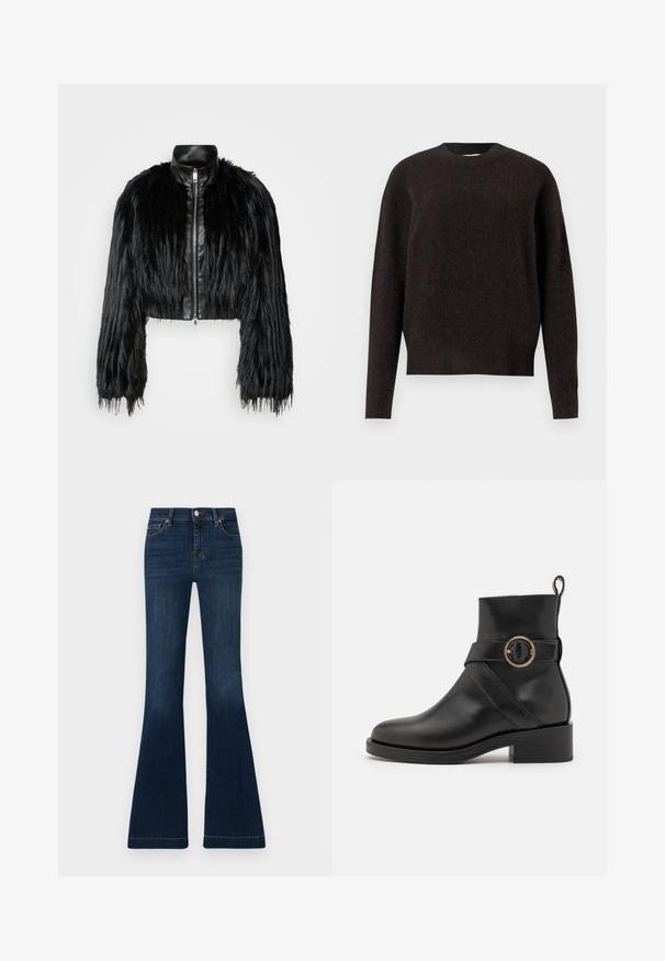 Schwarze, kurz geschnittene Jacke mit langen, gefälschten Pelzärmeln, einem schwarzen Lederkragen und einem Reißverschluss vorne, die eine strukturierte, fusselige Oberfläche hat.; Samsøe Samsøe ANOUR - Strickpullover - black coffee; Dunkelblaue Schlagjeans aus Denim. Hohe Taillengestaltung, mit fünf Taschen und kontrastierenden Nähten entlang der Nähte. Glatte Textur, klassischer Schnitt.; BOSS IRYNA BOOTIE - Plateaustiefelette - black