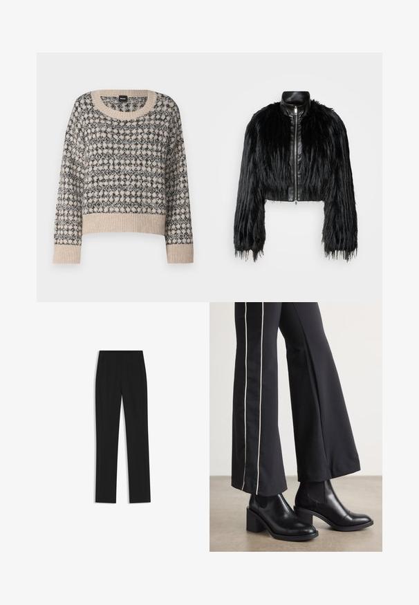 Veste noire courte associant de longues manches en fausse fourrure à un col en cuir noir et une fermeture éclair à l'avant, dotée d'une finition texturée et shaggy.; Pull en beige et noir à motifs avec un col rond, des manches longues et un ourlet côtelé. Il présente un motif géométrique avec une texture douce.; Pantalon noir ajusté avec une coupe droite, doté de poches avant et d'un tissu lisse et texturé. Détails soignés et minimalistes.; Bottines en cuir Noir avec un talon bloc, dotées de panneaux élastiques sur les côtés. Associées à un pantalon noir avec une rayure blanche sur le côté.