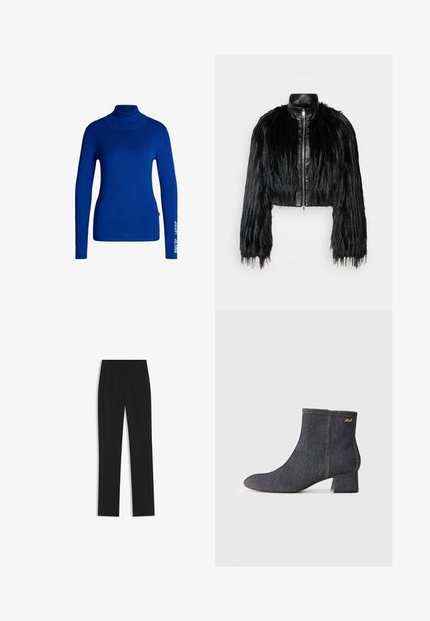 Giacca nera corta che combina maniche lunghe in pelliccia sintetica con un colletto in pelle nera e zip frontale, caratterizzata da una finitura testurizzata e shaggy.; Maglione a collo alto blu realizzato in tessuto morbido e elasticizzato. Presenta maniche lunghe e la scritta "JOOP! JEANS" stampata in bianco sulla manica destra.; Pantaloni neri su misura con un design a gamba dritta, dotati di tasche frontali e un tessuto liscio e strutturato. Dettagli ordinati e minimalisti.; Stivale alla caviglia in denim scuro con punta affusolata, tacco a blocco, cuciture a vista e un discreto logo del marchio sul lato. Texture liscia.