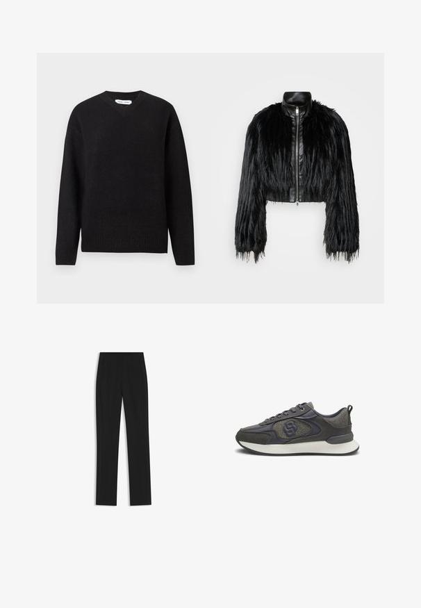 Giacca nera corta che combina maniche lunghe in pelliccia sintetica con un colletto in pelle nera e zip frontale, caratterizzata da una finitura testurizzata e shaggy.; Maglione nero a collo a V in un morbido misto lana, con maniche lunghe e polsini e orlo a coste. Design semplice e classico senza motivi o dettagli.; Pantaloni neri su misura con un design a gamba dritta, dotati di tasche frontali e un tessuto liscio e strutturato. Dettagli ordinati e minimalisti.; Sneaker bassi grigi e neri con tessuto texturizzato, dettagli in pelle, chiusura con lacci sul davanti, suola bianca imbottita e linguetta sul tallone.