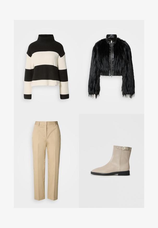 Črn skrajšan jopič, ki združuje dolge rokave iz umetnega krzna s črnim usnjenim ovratnikom in sprednjim zadrgo, z dokaj teksturiranim, kosmatim zaključkom.; Črno-bela črtasta jopica z visokim rebrastim ovratnikom, krajšim krojem in širokimi rokavi, ki vključujejo kontrastne teksture in urejen robni šiv.; Bež hlače ravnih nog z zankami za pas, sprednjo gubo in skrito zapiralo, prikazane na svetlem ozadju.; Bež usnjeni gležnjarji s koničastim nosom, črnim podplatom, nizko peto in zlatim zaponkom na zunanji strani, prikazani na beli podlagi.