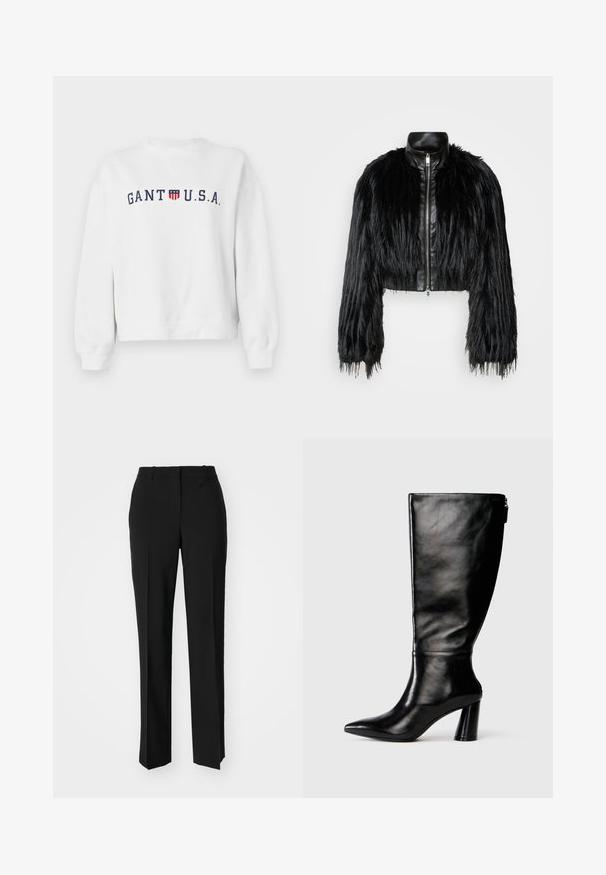 Črn skrajšan jopič, ki združuje dolge rokave iz umetnega krzna s črnim usnjenim ovratnikom in sprednjim zadrgo, z dokaj teksturiranim, kosmatim zaključkom.; Bela kapuca iz bombaža, z mornarsko modrim logotipom "GANT U.S.A." s grbom ter rebrastimi manšetami in robom.; Črne krojene hlače s direktnim krojem, ki se ponašajo z gladko teksturo in ostrimi pregibi spredaj. Ni vidne kovine.; Črne usnjene škornje do kolen s koničastim nosom, gladko teksturo in debelim peto. Imajo zadrgo na hrbtni strani.