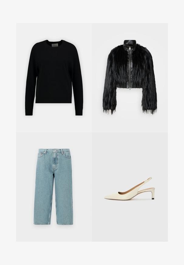 Czarna krótka kurtka z długimi futrzanymi rękawami z sztucznego futra, z czarnym skórzanym kołnierzem i frontowym zamkiem błyskawicznym, charakteryzująca się teksturowanym, kudłatym wykończeniem.; Czarny sweter dzianinowy z okrągłym dekoltem, długimi rękawami raglanowymi i prążkowanym wykończeniem. Gładka tekstura, minimalistyczny design, brak widocznych wzorów lub akcentów.; Jasnoniebieskie szorty dżinsowe z wysokim stanem, prostym krojem i surowym wykończeniem. Posiadają klasyczne zapięcie na guzik i zamek błyskawiczny oraz cztery kieszenie.; Sandały na niskim obcasie w kolorze kości słoniowej, z ostrym noskiem i wycięciami, o gładkiej teksturze i minimalnych akcentach.