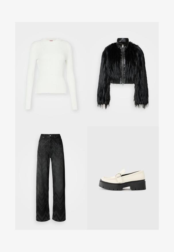 Veste noire courte associant de longues manches en fausse fourrure à un col en cuir noir et une fermeture éclair à l'avant, dotée d'une finition texturée et shaggy.; Pull à manches longues blanc à côtes avec une silhouette ajustée et un col rond. Texture douce et élasticité subtile. Fini avec un ourlet droit.; Jean noir à jambes larges avec un motif en zigzag. Fabriqué en denim, il possède une fermeture à bouton et deux poches avant.; Loafer en cuir blanc avec une semelle plateforme noire épaisse, présentant une boucle rectangulaire en argent et des détails de couture visibles sur la tige.