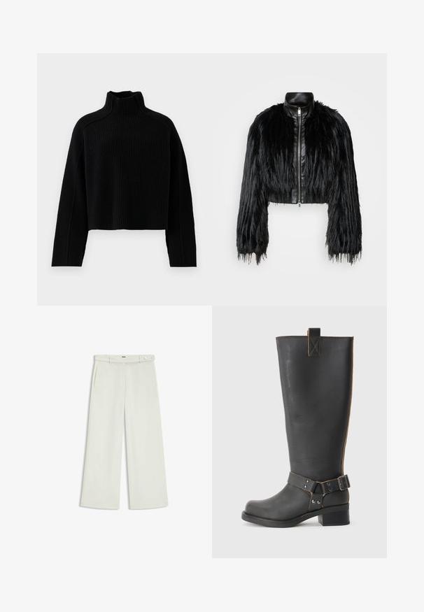 Svart kort jacka som kombinerar långa sockerfuskärmar med en svart läderkrage och dragkedja fram, med en texturerad, shaggy finish.; Svart ribbad stickad tröja med hög hals och kort design, med långa ärmar och en texturerad finish.; Vita byxor i ljus krämig tyg, med sidofickor, platt fram och en enda knappstängning vid midjan. Slät struktur.; Svart läderknähöga stövlar med en texturerad finish, som har en sidobuckla och en låg klack. Detaljerad sömnad längs sömmarna.