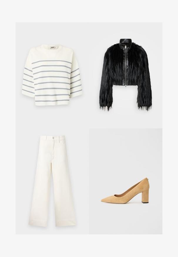 Czarna krótka kurtka z długimi futrzanymi rękawami z sztucznego futra, z czarnym skórzanym kołnierzem i frontowym zamkiem błyskawicznym, charakteryzująca się teksturowanym, kudłatym wykończeniem.; Biała krótka bluzka wykonana z prążkowanej tkaniny, z poziomymi szarymi paskami i krótkimi rękawami. Okrągły dekolt bez ozdób.; Szerokie spodnie w jasnym beżowym kolorze wykonane z bawełny. Charakteryzują się wysokim stanem, kieszeniami z przodu oraz prostym krojem. Czyste wykończenie brzegów bez wzorów.; Beżowe zamszowe czółenka na wysokim obcasie z ostrym noskiem i szerokim słupkiem. Materiał ma miękką fakturę i gładkie wykończenie.