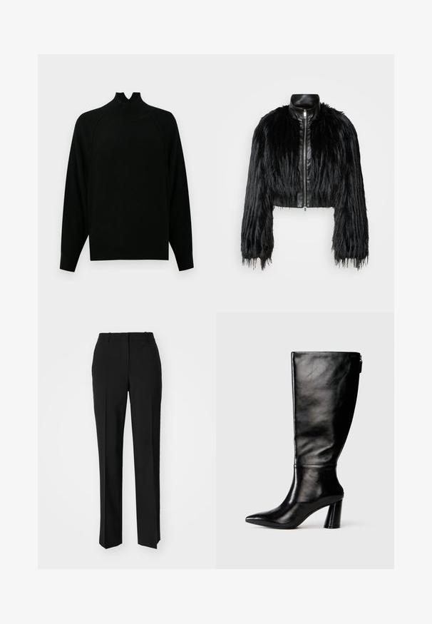 Czarna krótka kurtka z długimi futrzanymi rękawami z sztucznego futra, z czarnym skórzanym kołnierzem i frontowym zamkiem błyskawicznym, charakteryzująca się teksturowanym, kudłatym wykończeniem.; Czarny sweter z wysokim kołnierzem, z długimi rękawami, o prążkowanej strukturze i luźnym kroju. Posiada unikalny design wycięcia przy dekolcie.; Czarne spodnie o dopasowanym kroju z prostymi nogawkami, o gładkiej fakturze i wyraźnych zagięciach z przodu. Bez widocznych elementów metalowych.; Czarny skórzany but do kolan z ostro zakończonym noskiem, gładką fakturą i grubym obcasem. Posiada zamek z tyłu.