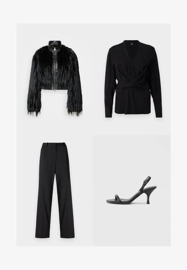 Black cropped jacket combining long faux fur sleeves with a black leather collar and front zipper, featuring a textured, shaggy finish.; Black wrap top made of soft fabric, featuring long sleeves, a v-neckline, and a tied belt accentuating the waist. Smooth texture.; Black wide-leg trousers made of smooth fabric, featuring a high waist, pleated front, and belt loops. Clean, tailored design.; Black leather high-heeled sandals with a slim, curved heel and a crossed strap design. Adjustable ankle strap. Smooth texture.