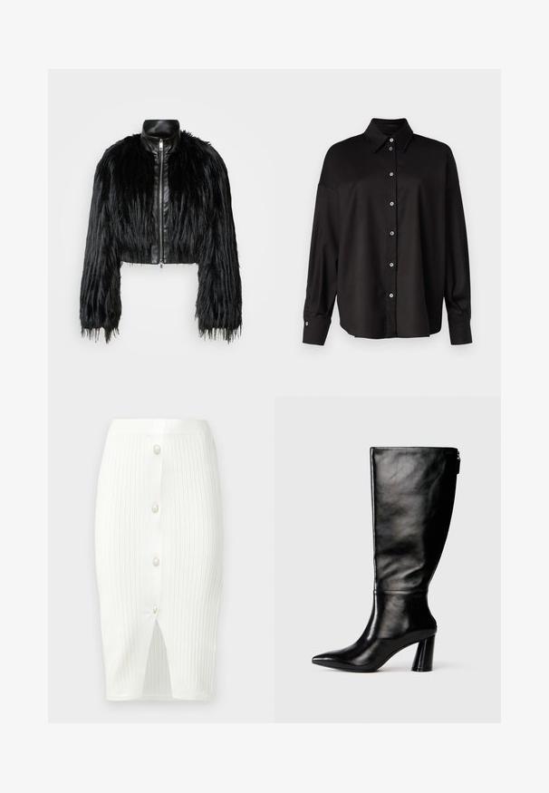 Veste noire courte associant de longues manches en fausse fourrure à un col en cuir noir et une fermeture éclair à l'avant, dotée d'une finition texturée et shaggy.; DRYKORN LYSILA - Chemisier - black; Jupe midi en maille côtelée blanche avec taille haute, fermeture à boutons sur le devant et petite fente avant à l'ourlet.; Botte en cuir noir à hauteur de genoux avec un bout pointu, une texture lisse et un talon épais. Elle présente un zip à l'arrière.