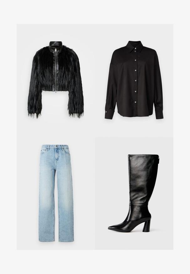 Černá zkrácená bunda kombinující dlouhé rukávy z umělé kožešiny s černým koženým límcem a předním zipem, s texturovaným, chlupatým povrchem.; DRYKORN LYSILA - Košilová halenka - black; Světle modré denimové kalhotywide-leg s klasickým pětivreckovým designem, zapínáním na knoflík a jemným ošoupáním pro texturu.; Černá kožená vysoká boot do půli lýtek s špičatou špičkou, hladkou texturou a masivním podpatkem. Obsahuje zip na zadní straně.