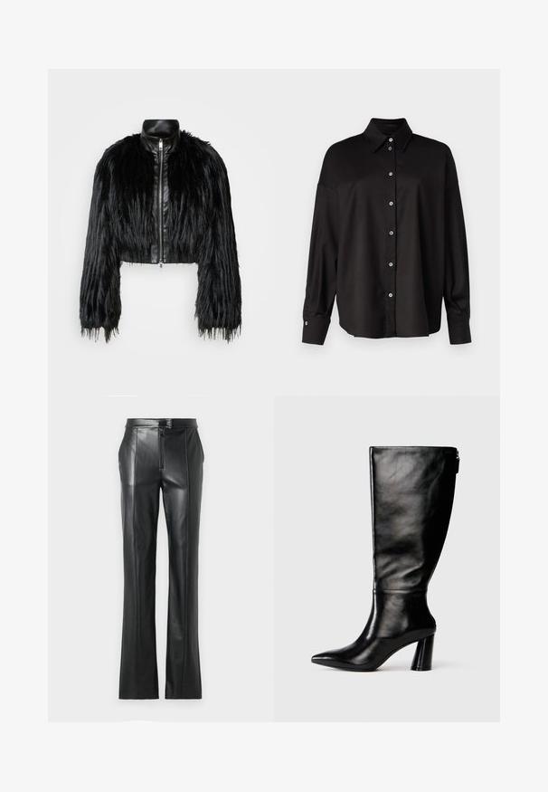 Fekete crop dzseki, amely hosszú műszőrme ujjakkal, fekete bőr gallérral és elöl cipzárral kombinálva, texturált, bolyhos felülettel rendelkezik.; DRYKORN LYSILA - Gombos blúz - black; Fekete bőr nadrág egyenes szabással, magas derekkal, cipzáras záródással és látható varrási részletekkel az illesztéseknél. Simas textura.; Térd fölé érő fekete bőr csizma hegyes orral, sima felülettel és vastag sarkal. A hátsó részen cipzár részlet található.